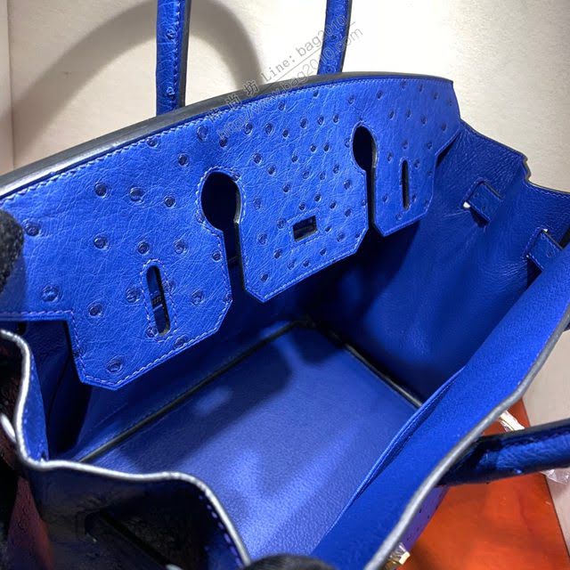 Hermes女包 愛馬仕Birkin30cm Hermes鉑金包 Ostrich鴕鳥皮 全手縫蠟線 7T Blue Htdra電光藍銀扣  am1899